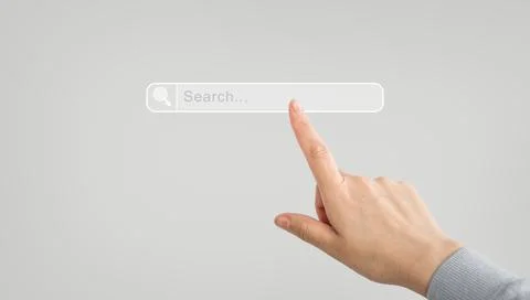 Concept of searching, browsing data and sharing information online. Hand clic Foto stock