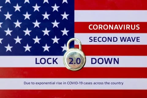 Concept Of Second Lockdown in US. Real padlock placed on top of the American  Stock Photos