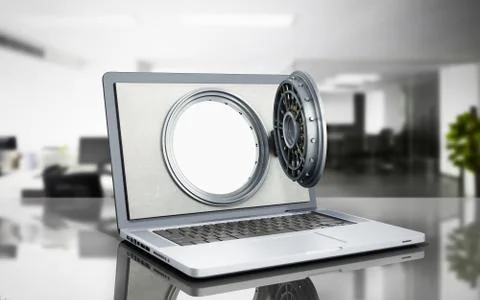 The concept of a secure online banking the open door of the bank vault on the Ilustración de archivo