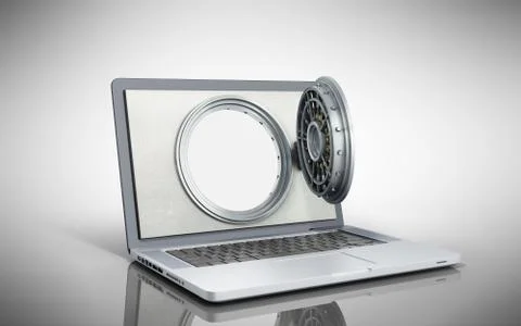 The concept of a secure online banking the open door of the bank vault on the Ilustración de archivo