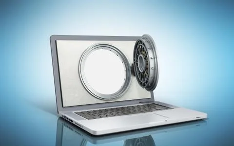 The concept of a secure online banking the open door of the bank vault on the Ilustración de archivo