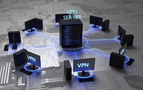 The concept of a secure vpn connection. VPN-protected network connection to t Stock-Illustration