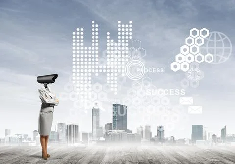 Concept of security and privacy protection with camera headed woman Stock Illustration