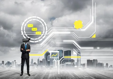 Concept of security and privacy protection with camera headed man Stock Photos