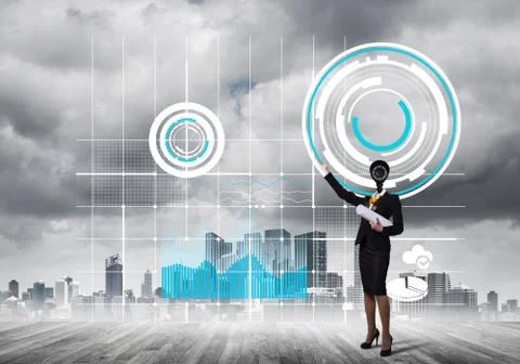 Concept of security and privacy protection with camera headed woman Stock Photos