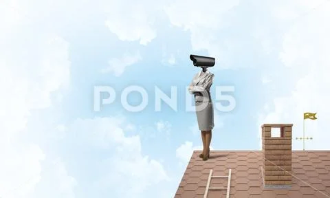 Concept of security and privacy protection with camera headed woman Stock Photos