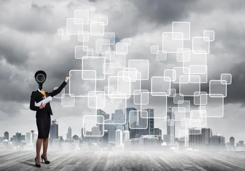 Concept of security and privacy protection with camera headed woman Stock Photos