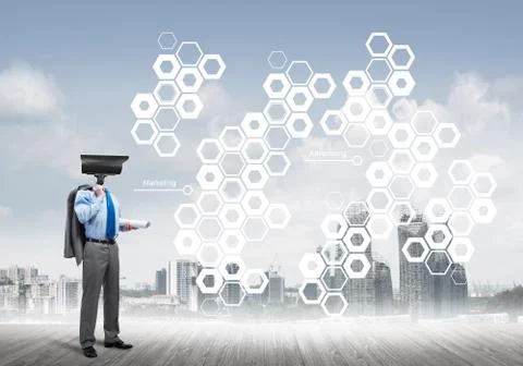 Concept of security and privacy protection with camera headed man Stock Photos