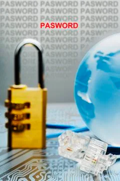 The concept of security on the Internet. Lock, cable, glass globe. Stock Photos