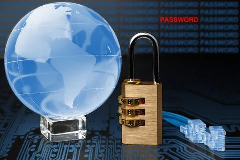The concept of security on the Internet. Lock, cable, glass globe. 写真素材