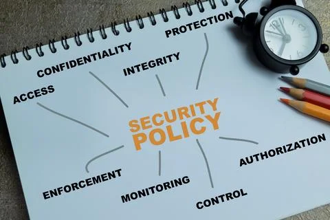 Concept of security policy with keywords write on book Stock Photos