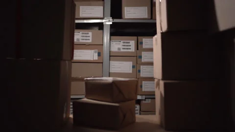 Concept of security problems in warehouses. Thief in a black mask steals boxes Stock Footage 250624260