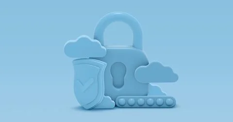 Concept security shield lock and check mark. Cloud blue pastel style icon. .. Stock Illustration