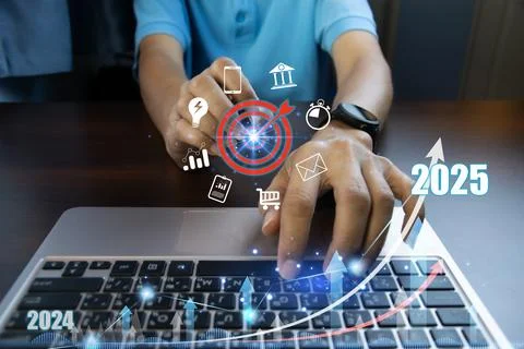 Concept, Setting Key Goals in 2025, Achievements in 2025, Profitable Perfor.. Foto stock