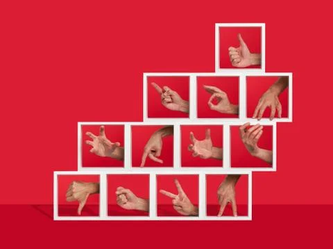 Concept of several hands gesturing inside shelves Stock Photos
