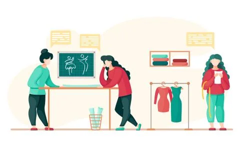 Concept of sewing workshop, people working with tailor dress pattern Stock Illustration
