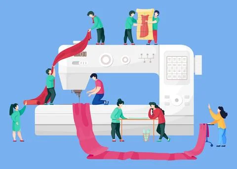 Concept of sewing workshop, sewers working with red textile, designers in Stock Illustration