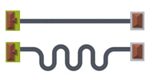 Concept of short, straight path and long way, winding path. Top view on city 스톡 일러스트
