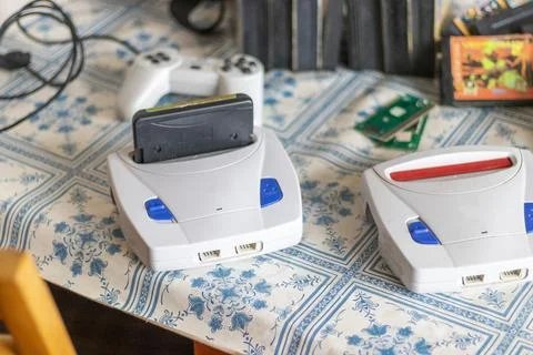 Concept shot of the old gaming console. Technology 库存照片