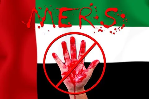 Concept show hand stop MERS Virus epidemic  United Arab Emirates flag backgro Illustrazione stock