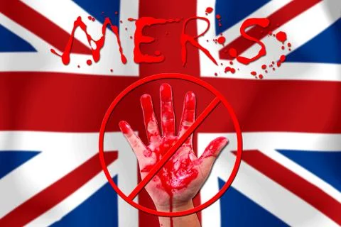 Concept show hand stop MERS Virus epidemic United Kingdom flag background. Illustrazione stock
