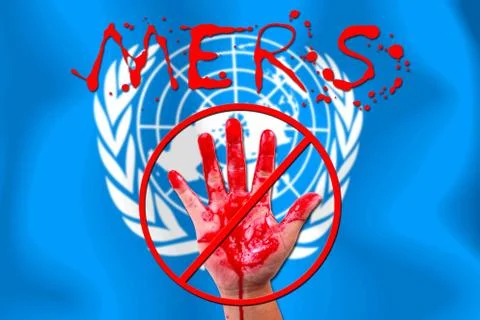 Concept show hand stop MERS Virus epidemic United Nations  flag background. Stock Illustration