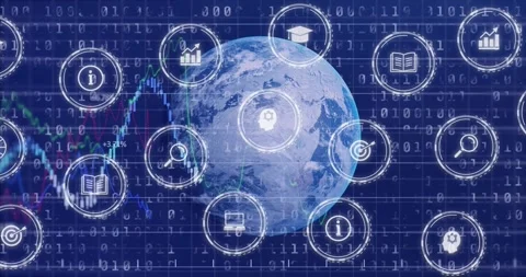 Concept showing semi-transparent Earth globe hovering on binary grid with Stock Footage 328257495