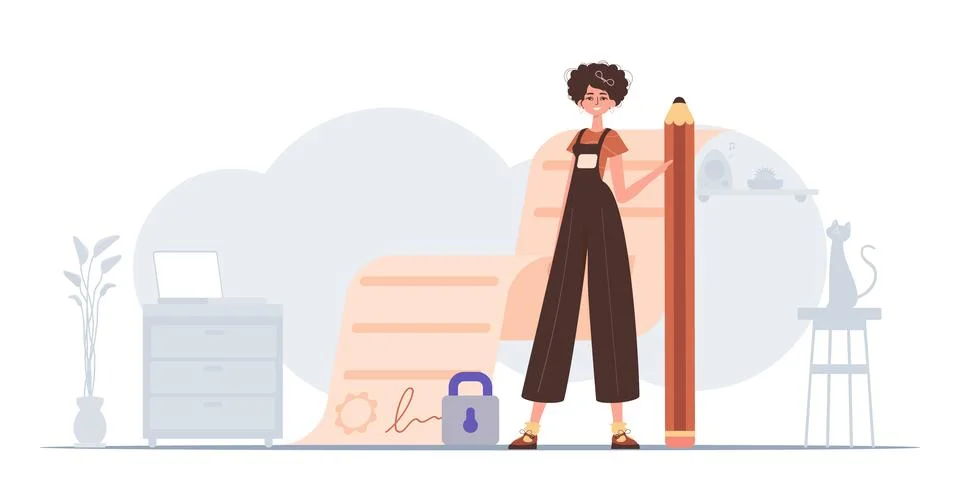 The concept of signing and protecting data. Smart contract. The girl stands.. Stock Illustration