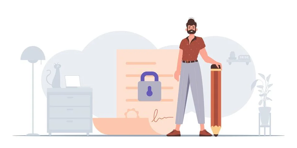 The concept of signing and protecting data. Smart contract. A man stands ne.. Stock Illustration