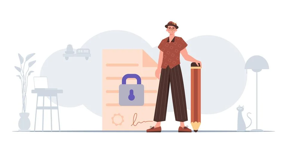 The concept of signing and protecting data. Smart contract. The guy is stan.. イラスト素材