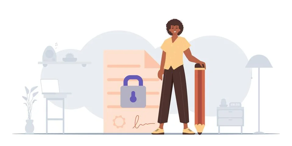 The concept of signing a smart contract. Data protection. The guy is standi.. Stock Illustration