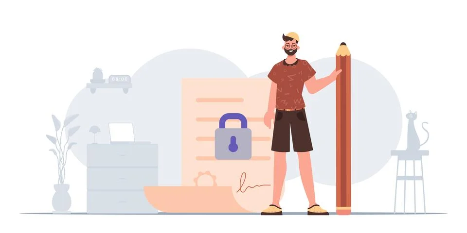 The concept of signing a smart contract. Data protection. A man stands near.. Illustrazione stock