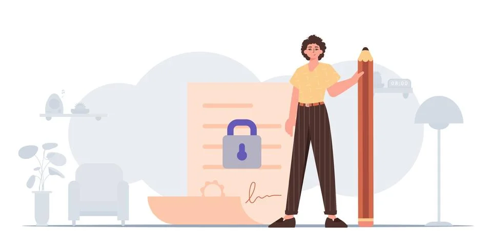 The concept of signing a smart contract. Data protection. A man stands near.. Illustrazione stock