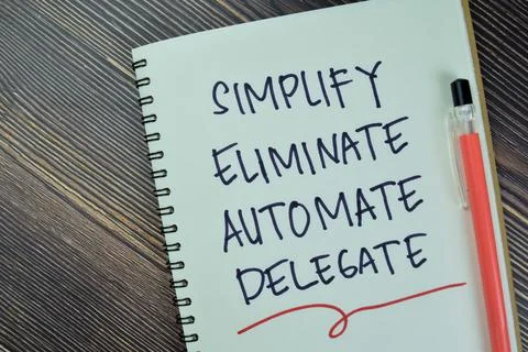 Concept of Simplify, Eliminate, Automate, Delegate Productivity Advice Stock Photos
