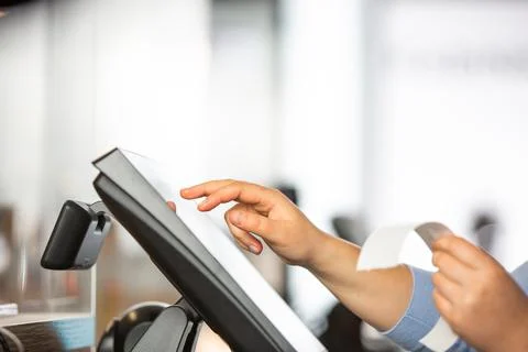 Concept of small business or sevice, woman or saleswoman in apron at counter Stock Photos