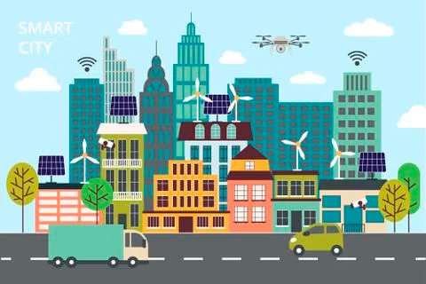 Concept of smart city, technologies of future and urban innovations Stock Illustration