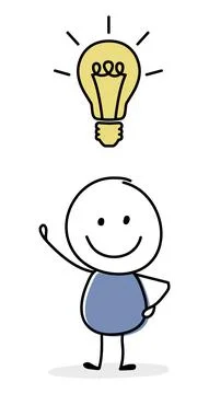 Concept of smiley stickman with light bulb - idea icon. Vector Stock Illustration