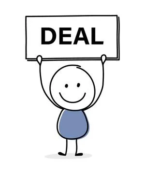 Concept of smiley stickman with text on a board - deal. Vector Stock Illustration