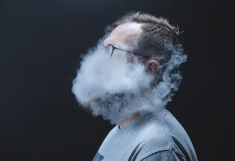 Concept. Smoke enveloped the head man. Portrait of a Bearded, stylish man with Stock Photos
