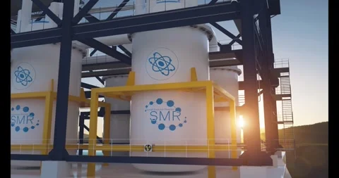 Concept of a SMR small modular nuclear reactor power plant on a sunny day Stock Footage 305121022