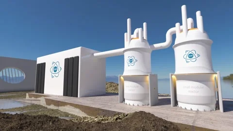 Concept of a SMR small modular nuclear reactor power plant on a sunny day. .. Stock Footage 308641827