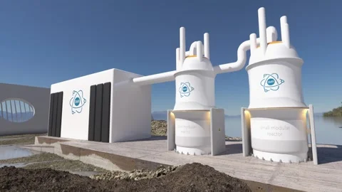 Concept of a SMR small modular nuclear reactor power plant on a sunny day. .. Stock Footage 309023097