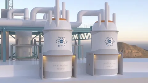 Concept of a SMR small modular nuclear reactor power plant on a sunny day. .. Stock Footage 309023107