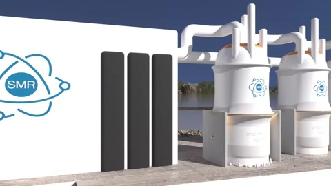 Concept of a SMR small modular nuclear reactor power plant on a sunny day. .. Stock Footage 310741703