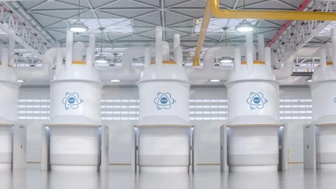 Concept of a SMR small modular nuclear reactor power plant on a sunny day. .. Stock Footage 310741707