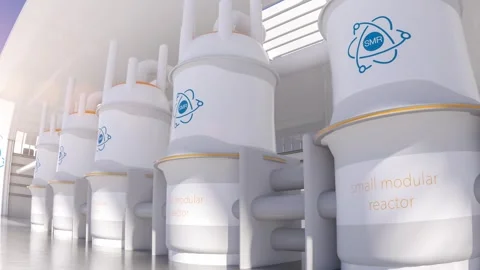 Concept of a SMR small modular nuclear reactor power plant on a sunny day. .. Stock Footage 310741717