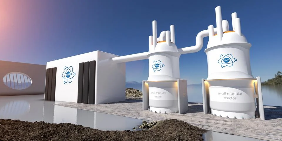 Concept of a SMR small modular nuclear reactor power plant on a sunny day. .. Stock Illustration