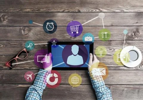 Concept of social communication and networking with media user interface Stock Photos