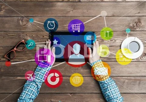 Concept of social communication and networking with media user interface Stock Photos