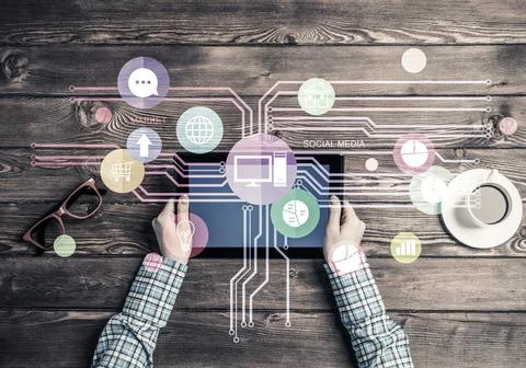 Concept of social communication and networking with media user interface 스톡 사진